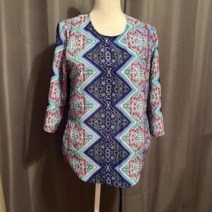 Blue Rain Geometric Print Crewneck Blouse.  Size Small
